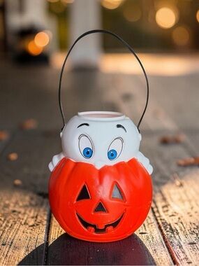 VTG 1995 Empire Casper Ghost Pumpkin Blow Mold Halloween Candy Bucket Pail